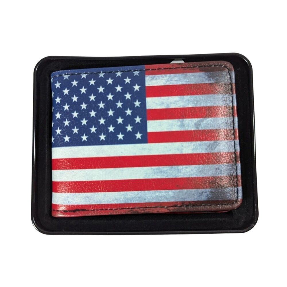 Patriotic Buckle Down Men's Wallet American Flag Rustic Billfold Tin Box Gift